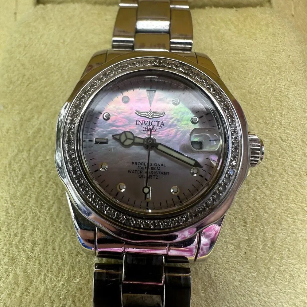 Invicta Women 2556 Swiss Diamond Bezel Pink Stainless Water Resist Pro 330ft Box